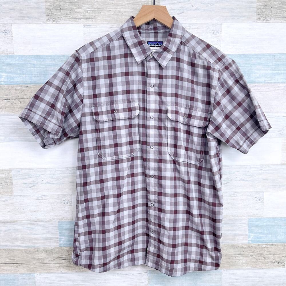 Patagonia Short Sleeve Performance Hiking Shirt Brown Plaid Mens Medium